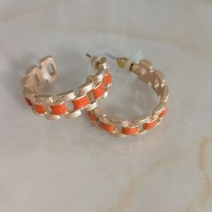 Gold Link Earrings With Orange Enamel